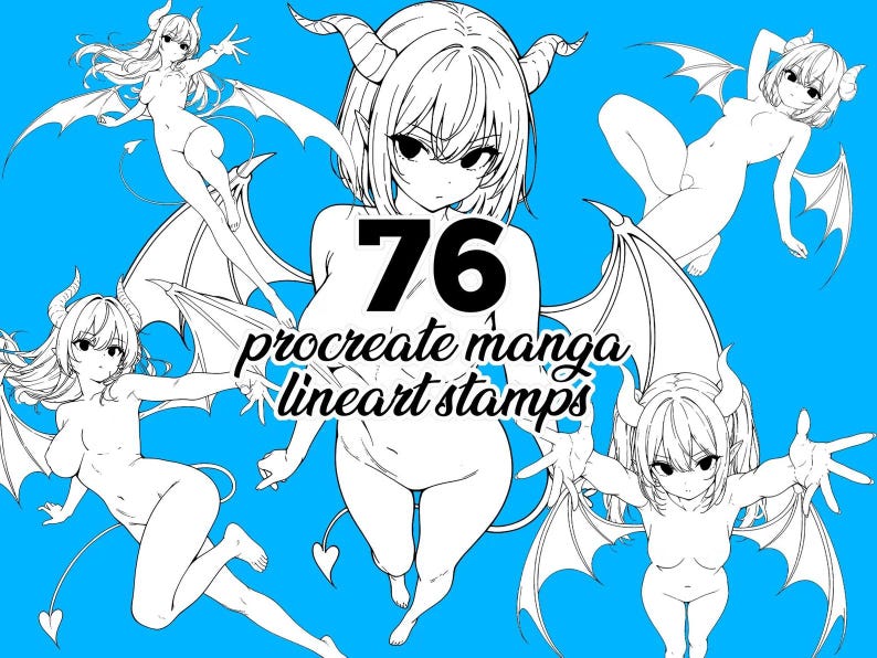 76 Procreate Succubus Stamps - Manga Demon Girl Bases | Dynamic Pose Pack A | Fantasy Character Reference for Artists | with BONUS Pack! image 1