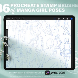 Guide des 86 tampons de pose d'action manga. Proportion de la silhouette dynamique du corps entier.  Pochoir de pinceaux de référence pour l'anatomie féminine Procreate