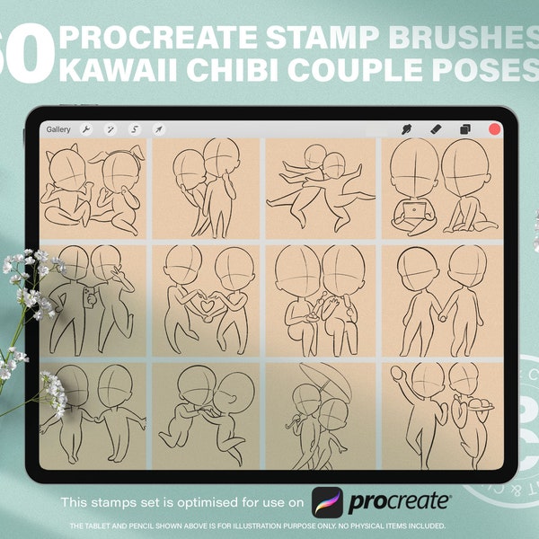 60 Chibi Couple Procreate Figures Kawaii Stamps Brushes. Cute Manga Lovers Cartoon Comic Character Full Body Lineart Poses Reference Guide.