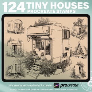124 timbri Procreate per piccole case / Pennelli per schizzi di piccole case / Timbri Procreate per l'architettura / Idee di design per cabine moderne e sostenibili