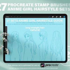 27 conjuntos de guias para cabelos de anime no Procreate. Penteados com perucas de mangá em vários ângulos. Referência de escovas de cabelo longas, curtas e com rabo de cavalo.