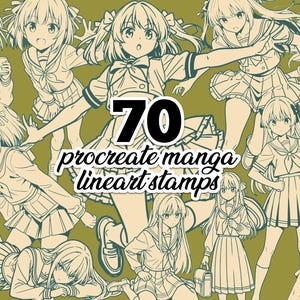 70 Procreate Stamps of Anime Manga Girl. Lineart School Girl Dynamic Action Poses.  Procreate Female Anatomy Reference Bases.
