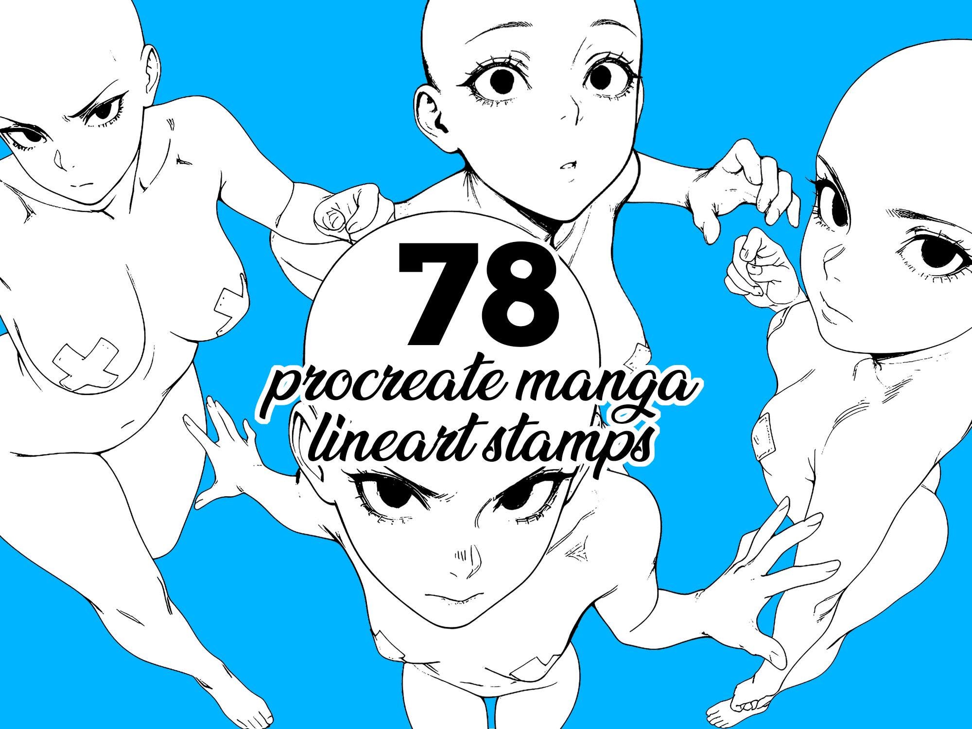 117 sellos de Procreate para anime – Bases de line art de chica manga y poses femeninas dinámicas + paquete bonus