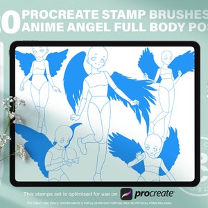 20 Procreate Anime Angels Stamps Brushes. Fantasy Manga Angel Character. Magical Flying Girl With Wing Body Action Poses Design Reference.