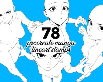 78 sellos de anime de Procreate: bases de arte lineal de chicas manga / Poses altamente dinámicas / Referencia de anatomía femenina para artistas / ¡con paquete ADICIONAL!