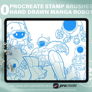 20 Procreate Anime Robot Stamp Brushes. Hand Drawn Manga Chibi Robots Character Line Art Drawing. Cartoon Giant Mecha Design Guide Reference