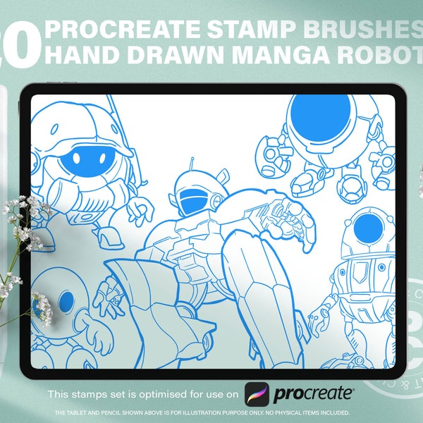 20 Procreate Anime Robot Stamp Brushes. Hand Drawn Manga Chibi Robots Character Line Art Drawing. Cartoon Giant Mecha Design Guide Reference