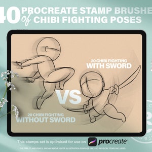 40 pinceaux de tampons pour poses de combat Chibi Procreate. Guide de référence pour les poses dynamiques d'action de combat, Lineart, personnage complet du corps, manga anime mignon.