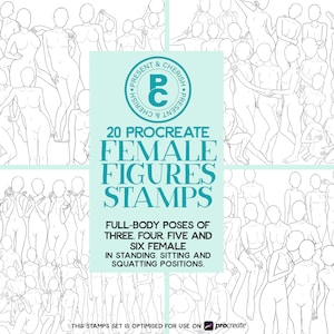 Znaczki Procreate Female Figures. Pełne pozy ciała 3, 4, 5 i 6 kobiet w pozycjach stojących, siedzących i kucających.