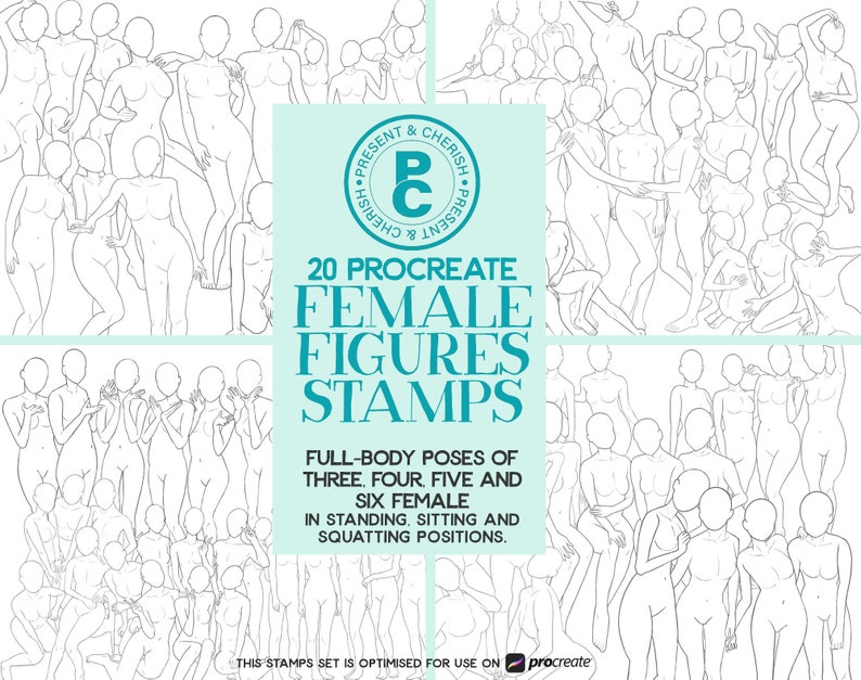 Procreate Female Figures Stamps. Full Body Poses Of 3, 4, 5 And 6 Female Group In Standing, Sitting And Squatting Positions. 