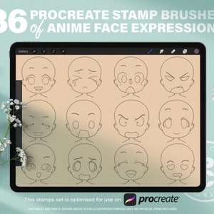 36 Procreate Anime Face Expressions Stamp Brushes Reference. Manga Kawaii Chibi Character Face stamps. Cartoon Comic Faces Guide Collection