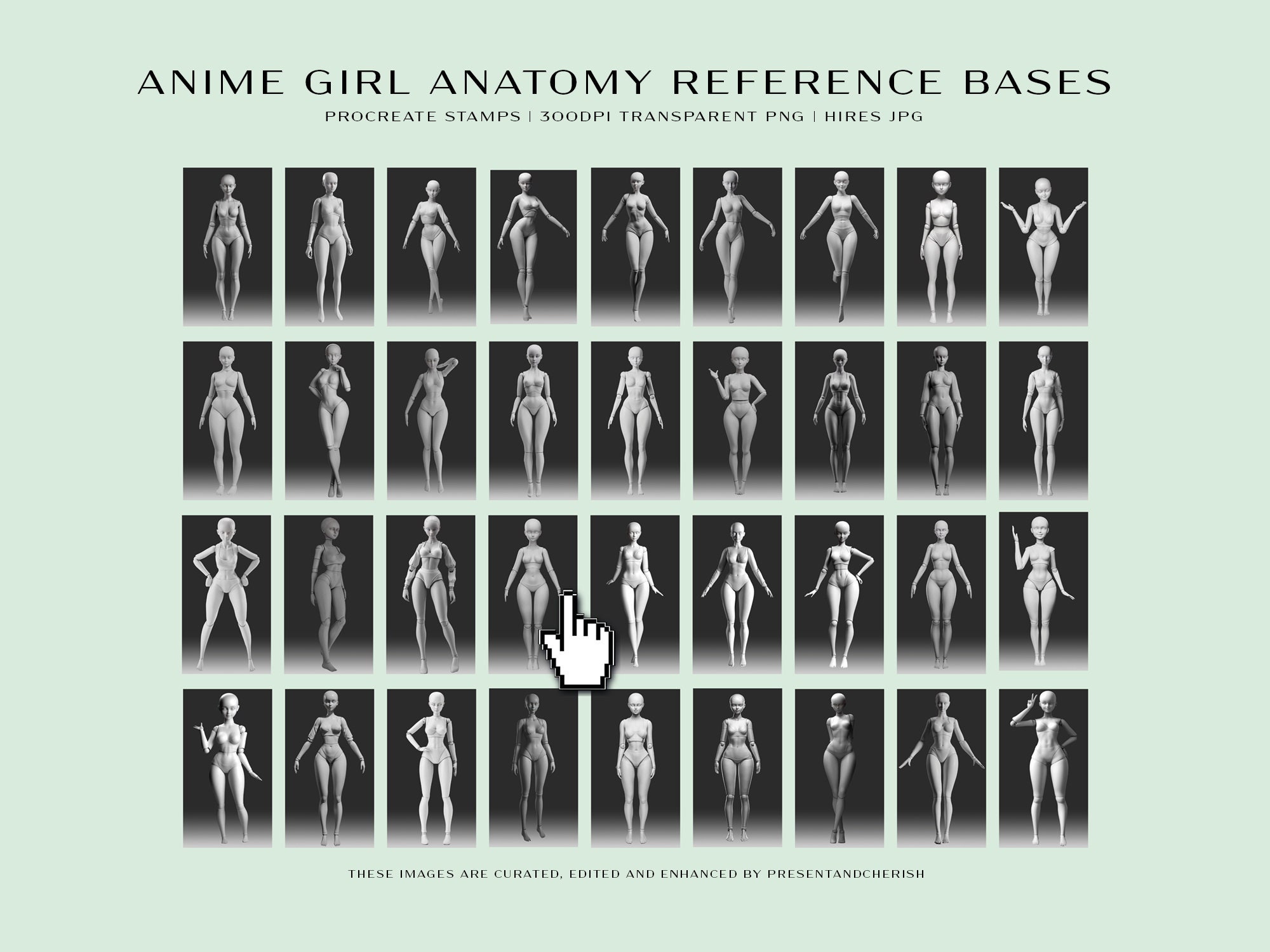 36 Anime Girl Anatomy Reference Bases Procreate 3D Style Stamps 300dpi ...