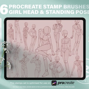 46 Procreate Anime Weiblicher Kopf und Körper Brush Stamps Set. 34 Manga Girl Stehende Dynamische Bewegung. 12 Manga Head Poses in mehreren Winkeln.