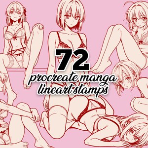 May include: 72 Procreate Manga Lineart Stamps. A digital illustration of five women in various poses wearing lingerie. The women have long hair and are drawn in a manga style.