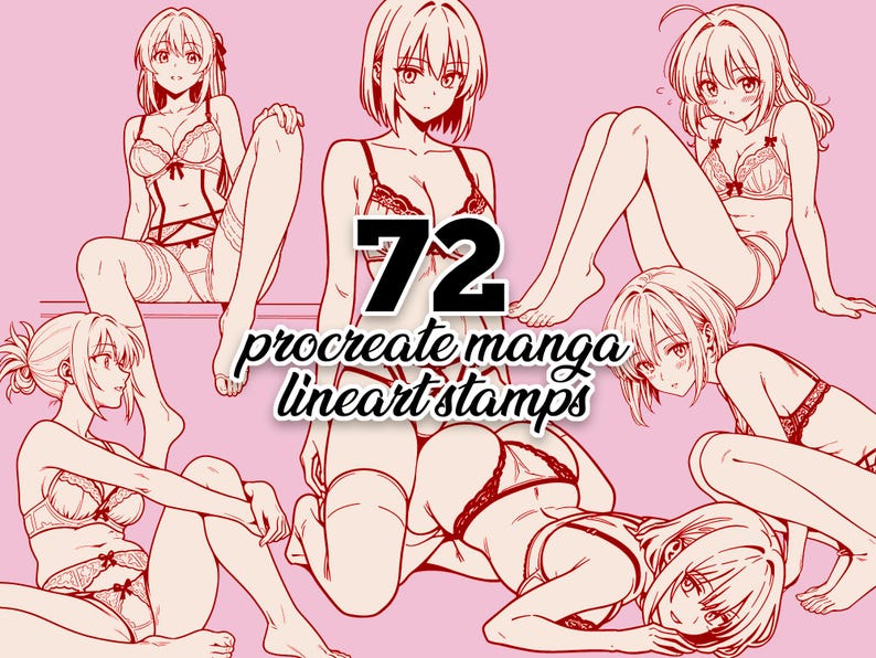 May include: 72 Procreate Manga Lineart Stamps. A digital illustration of five women in various poses wearing lingerie. The women have long hair and are drawn in a manga style.