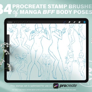 Guide de 34 tampons Manga BFF Action Poses. Proportion de silhouette dynamique pour l'ensemble du corps des jumelles. Procréer des pinceaux pour tampons.