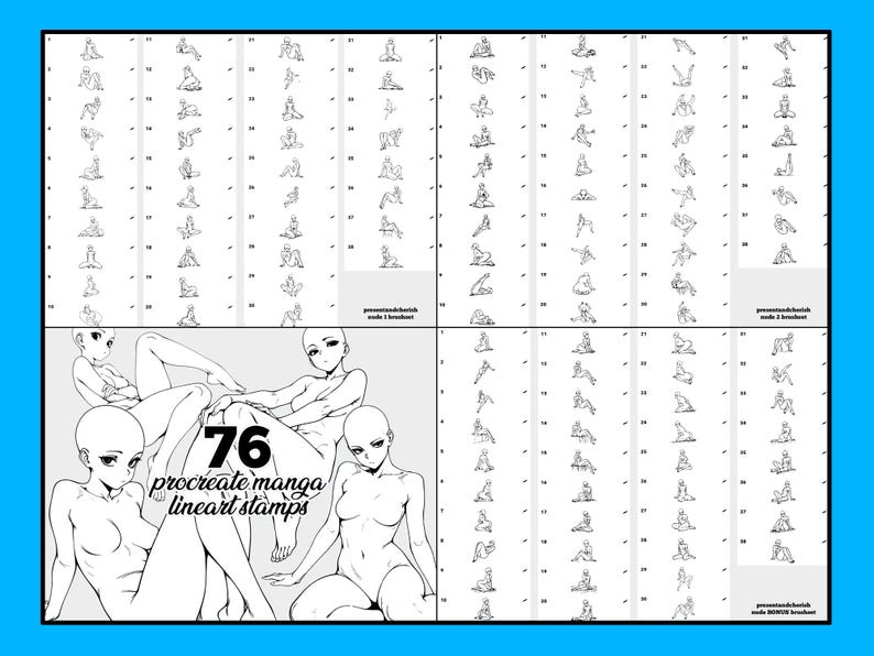 76 Procreate Anime Stamps - Manga Girl Line Art Bases | Dynamic Sit, Squat Poses | Female Anatomy Reference for Artists | with BONUS Pack! image 6