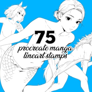 May include: Digital art illustration featuring three manga-style characters: a mermaid, a humanoid with animal ears, and a wolf-like creature. The image is in black and white with a bright blue background. Text reads "75 procreate manga lineart stamps."