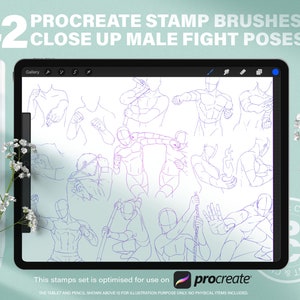 42 pennelli Procreate Fighting Stamp. Set di timbri Lineart Anime Male Close-up Fighting Body Poses. Guida al disegno di riferimento Manga Male Fighting Body.