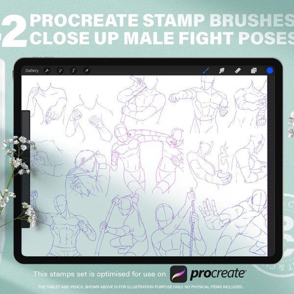 42 Procreate Fighting Stamp Brushes. Anime Male Closeup Fight Body Poses Lineart Stamps Set . Manga Male Fight Body Reference Drawing Guide.