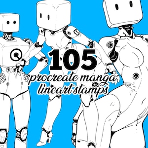 Anime Procreate Stamps | 105 Box Head Humanoid Designs + Standing Poses | Sci-fi Android Manga Female Lineart Bases for Artists | Bonus Pack