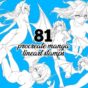 May include: A collection of 81 black and white line art digital stamps featuring anime-style characters with horns, wings, and tails against a bright blue background. The text 81 procreate manga lineart stamps is centered in the middle of the image.