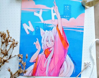 NYA Art Print 5.5x4.75 -Anime Style Art -Matte Art Print -Cat Boy -Anime Character -NYC Anime Artwork -Colorful Postcard Print -Neko Japan