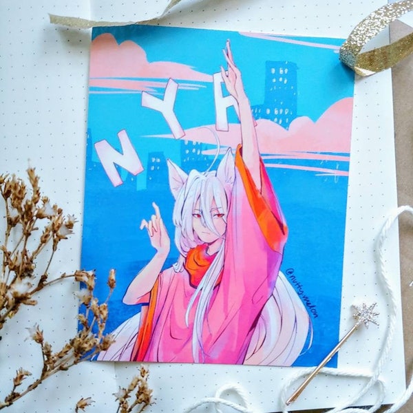 NYA Art Print 5.5x4.75 -Anime Style Art -Matte Art Print -Cat Boy -Anime Character -NYC Anime Artwork -Colorful Postcard Print -Neko Japan