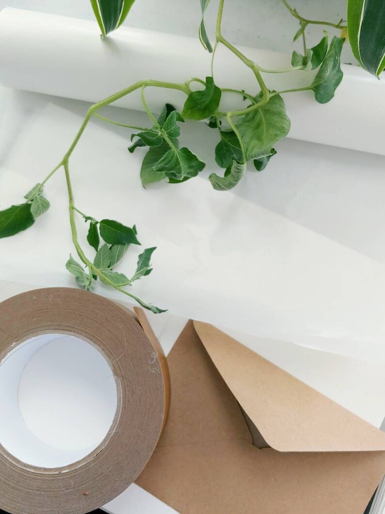 May include: A roll of brown packing tape, a brown envelope, and a white sheet of paper are arranged on a white surface. Green leafy vines are draped across the scene. The tape roll is partially unrolled, revealing the adhesive side.