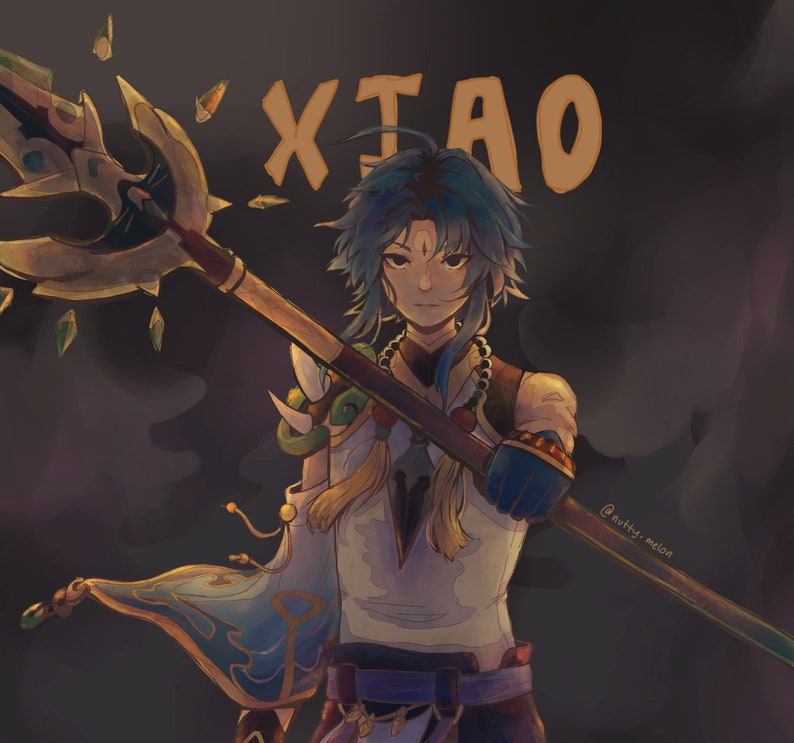 May include: Digital illustration of a character holding a spear, with the word "XIAO" in gold letters above. The character has blue hair and is wearing a white and blue outfit. The background is dark.
