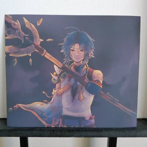 May include: Square print featuring a digital illustration of a character with blue hair and a spear. The character is wearing a white and blue outfit with gold accents. The background is a dark blue with light blue accents.