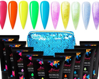 Poly Nail Gel Kit with 10 Neon and Sparkling Glitter Color Gel