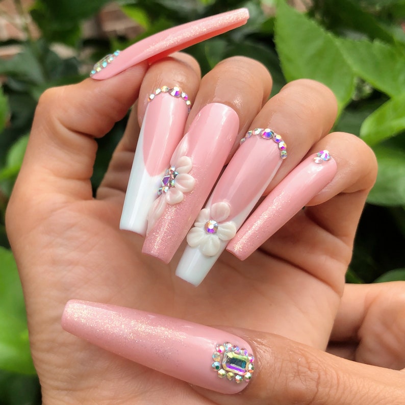 Pink and White French Tip with 3D Flowers Press on Nails Set image 1