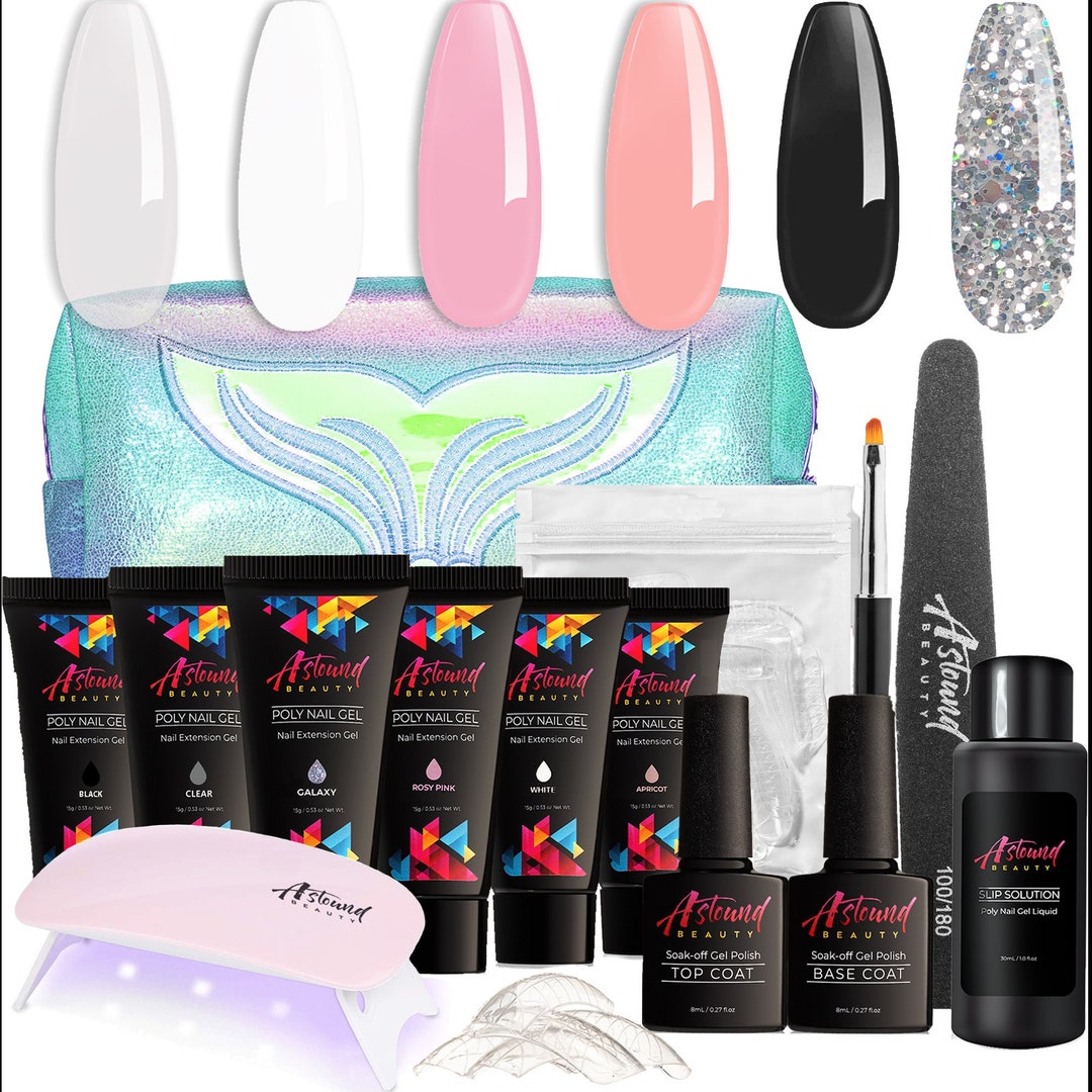Poly Nail Gel Kit With LED Lamp, Slip Solution, Dual Forms and Glitter ...
