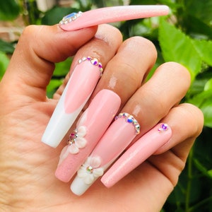 Pink and White French Tip with 3D Flowers Press on Nails Set image 3