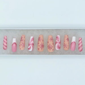 Pink and White Hand Painted Snowflake and Glitter Press on Nails Set image 3