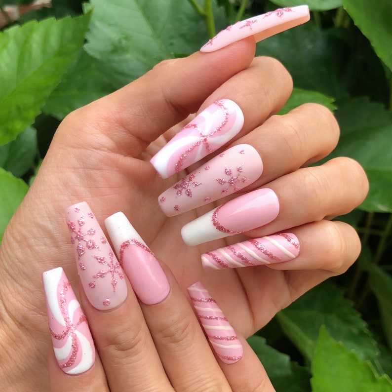 Pink and White Hand Painted Snowflake and Glitter Press on Nails Set image 2