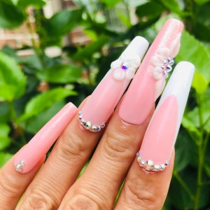 Pink and White French Tip with 3D Flowers Press on Nails Set image 2