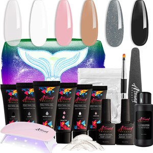 Poly Nail Gel Kit with LED Lamp, Slip Solution, Black and Shimmer Grey Poly Nail Gel All-in-One Kit