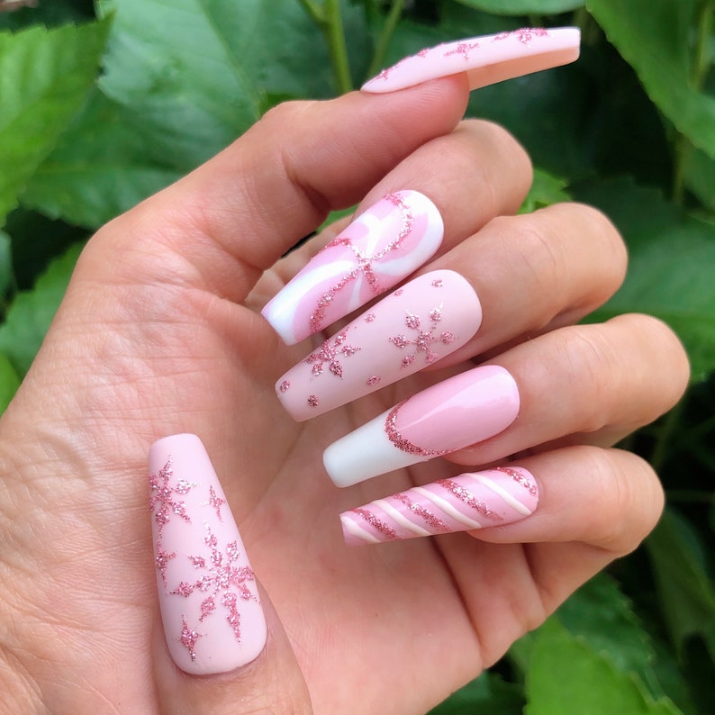 Pink and White Hand Painted Snowflake and Glitter Press on Nails Set image 1