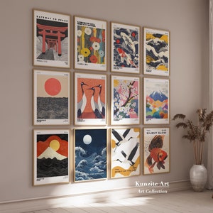 Modern Japanese Digital Wall Art Bundle | Set of 12 Vintage Asian Prints | PRINTABLE Maximalist Decor for Living room