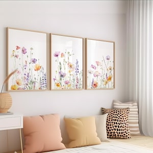 Purple Wildflower Nursery Wall Art set of 3 : Botanical Floral Prints for Girl's Room Decor -Purple Flowers Border | I Digital Download