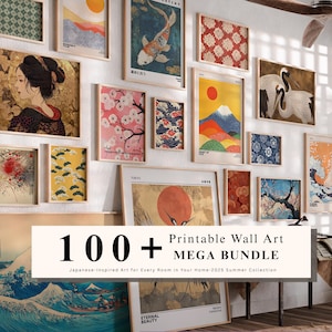 May include: A collection of framed Japanese-inspired art prints, including images of koi fish, cherry blossoms, and landscapes. The prints are displayed on a white wall, with a banner that reads "100+ Printable Wall Art MEGA BUNDLE".