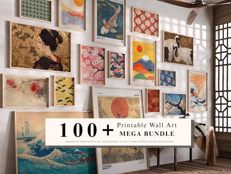 May include: A collection of framed Japanese-inspired art prints, including images of koi fish, cherry blossoms, and landscapes. The prints are displayed on a white wall, with a banner that reads "100+ Printable Wall Art MEGA BUNDLE".