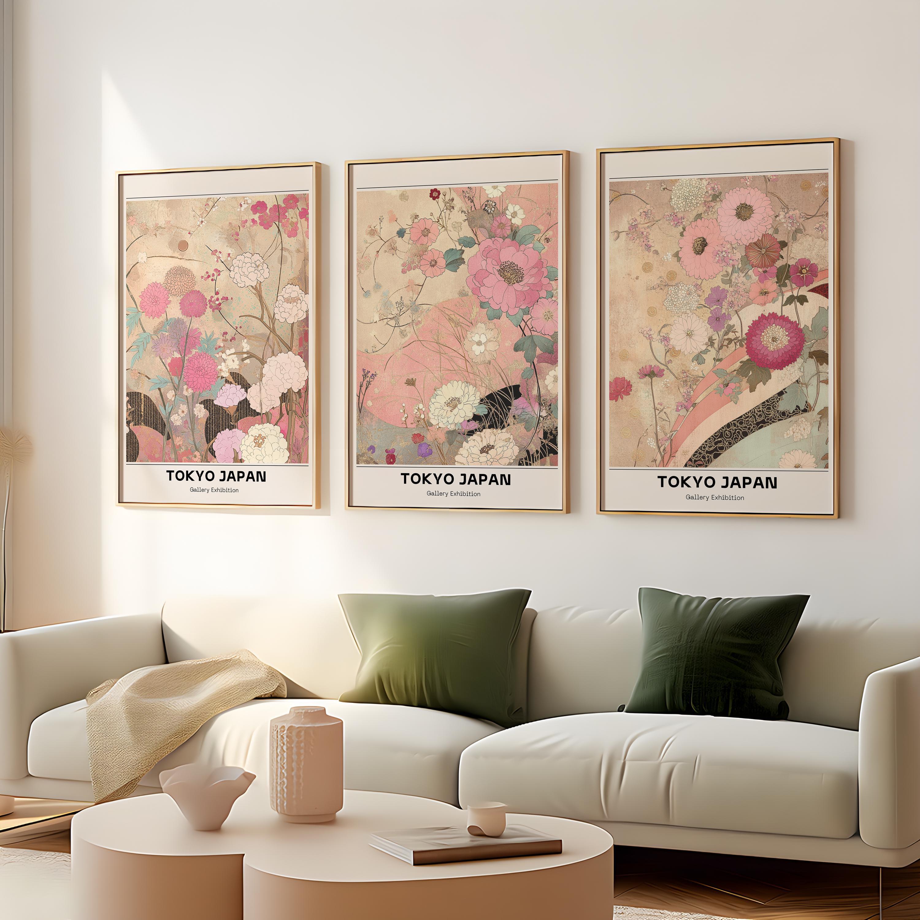 Japanese Wall Art Trio – Set of 3 | Pink Flower Market | Vintage Poster ...