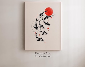 May include: Framed artwork featuring a stylized illustration of koi fish swimming upwards towards a red sun. The fish are black and white, with red accents. The text "Kunzite Art Collection" is at the bottom.