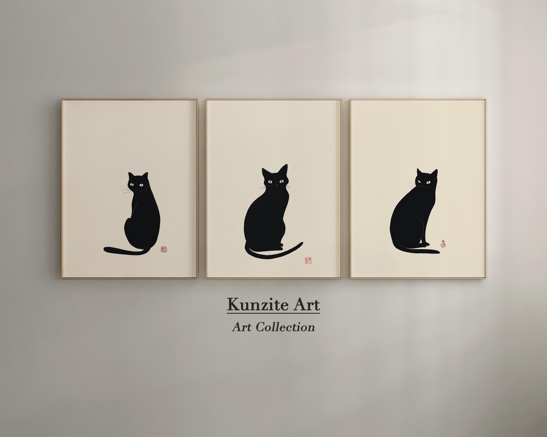 Japanese Black Cat Wall Art Set of 3 – Minimalist Zen Printable Cat ...