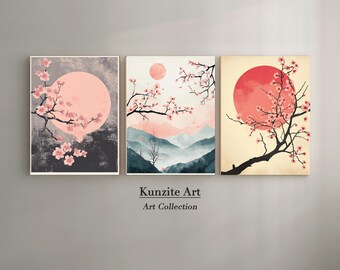 Japanische Kirschblüte Wandkunst 3er-Set | Rote Sonne & Sakura Print-Set | Minimalistischer, asiatisch inspirierter digitaler Download|S1