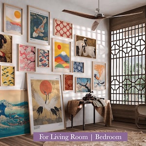 May include: A collection of framed art prints with Japanese-inspired themes, including landscapes, koi fish, and cranes. The prints are in various sizes and colors, creating a gallery wall in a living room setting. The text "For Living Room | Bedroom" is at the bottom.