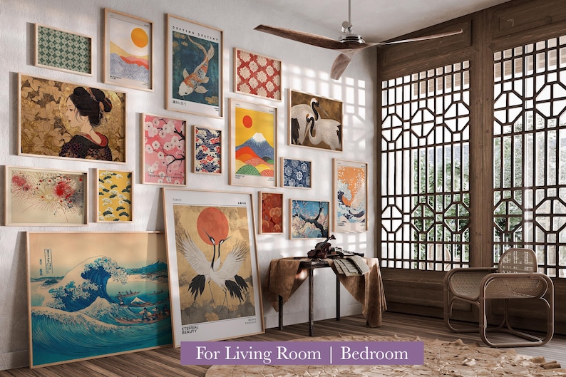 May include: A collection of framed art prints with Japanese-inspired themes, including landscapes, koi fish, and cranes. The prints are in various sizes and colors, creating a gallery wall in a living room setting. The text "For Living Room | Bedroom" is at the bottom.